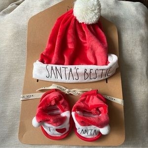 Rae Dunn Baby Holiday Hat And Booties Set Santa’s Bestie 0-9 Mos Brand New